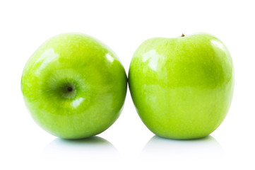 Green fresh apples fruit isolated on white background with clipping path, healthy diet food concept