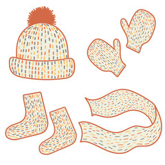 Cute winter wear on white background. Hat, mittens, socks and scarf. Retro style. Vector illustration