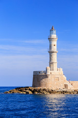 Egyptian Lighthouse in the Venetian port in the city of Chania, Greece, Crete, an ancient monument, one of the oldest lighthouses in the world.
