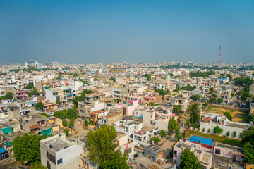 Fototapeta premium Beautiful aerial view of old colorful buildings city in Rajasthan state, in India