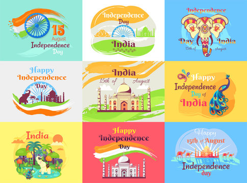 Indian Independence Day Celebration Emblems Set