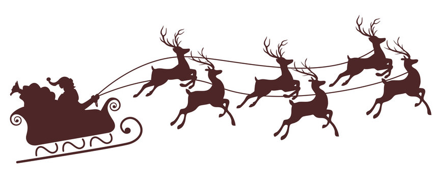christmas sleigh santa with flying reindeers 