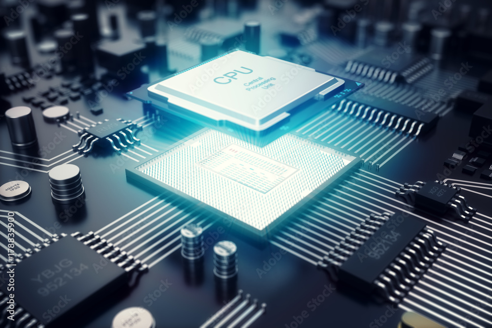 Poster 3d rendering circuit board. technology background. central computer processors cpu concept. motherbo