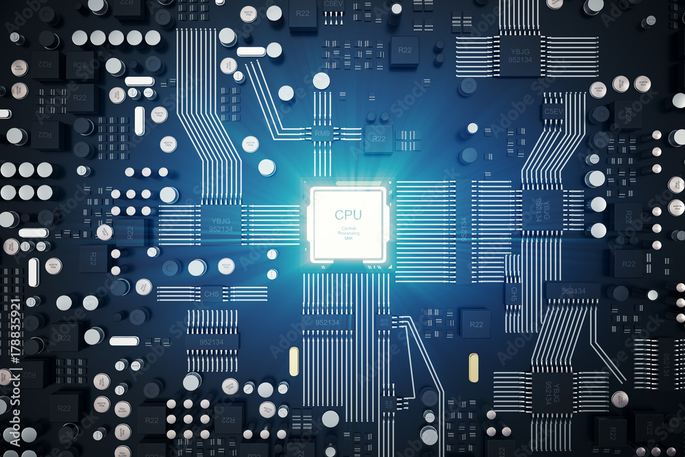 Poster 3d rendering circuit board. technology background. central computer processors cpu concept. motherbo