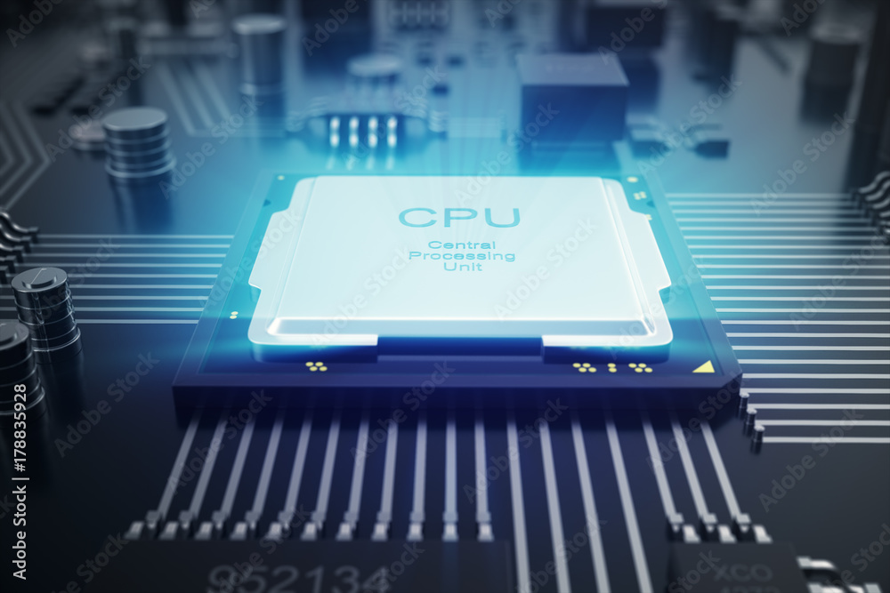 Poster 3d rendering circuit board. technology background. central computer processors cpu concept. motherbo