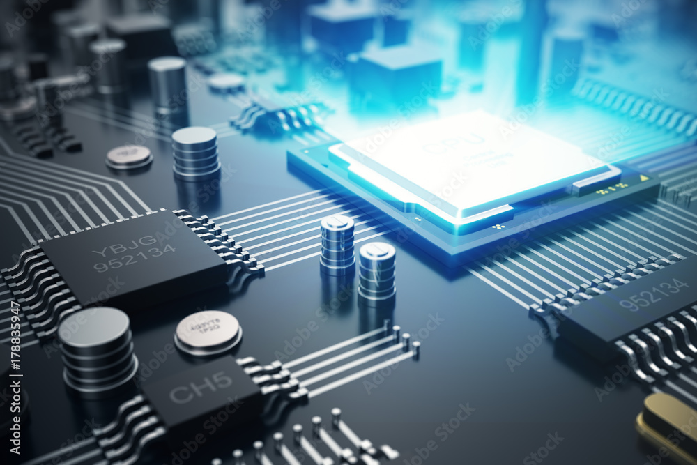 Poster 3d rendering circuit board. technology background. central computer processors cpu concept. motherbo
