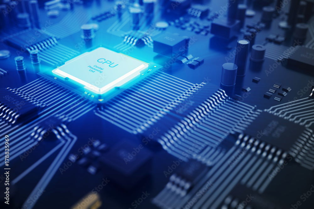 Poster 3d rendering circuit board. technology background. central computer processors cpu concept. motherbo