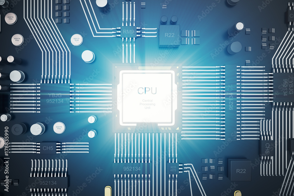 Poster 3d rendering circuit board. technology background. central computer processors cpu concept. motherbo