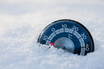 Snowed thermometer cold winter weather concept