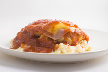 Chicken Fillet with rice and Mushed Potatoes. Parmegiana Fillet