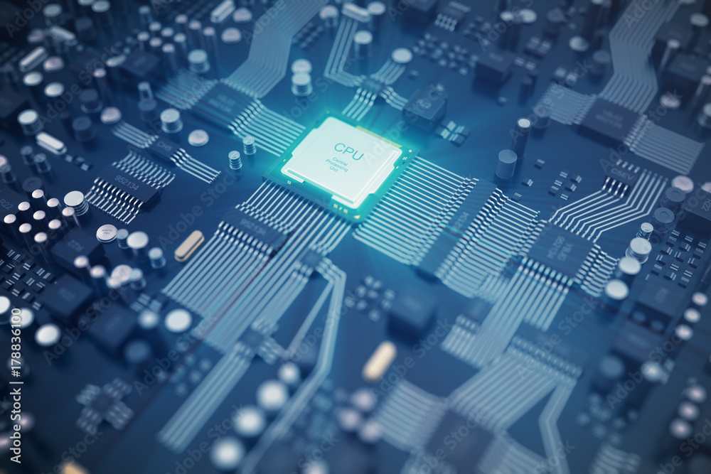 Poster 3d rendering circuit board. technology background. central computer processors cpu concept. motherbo