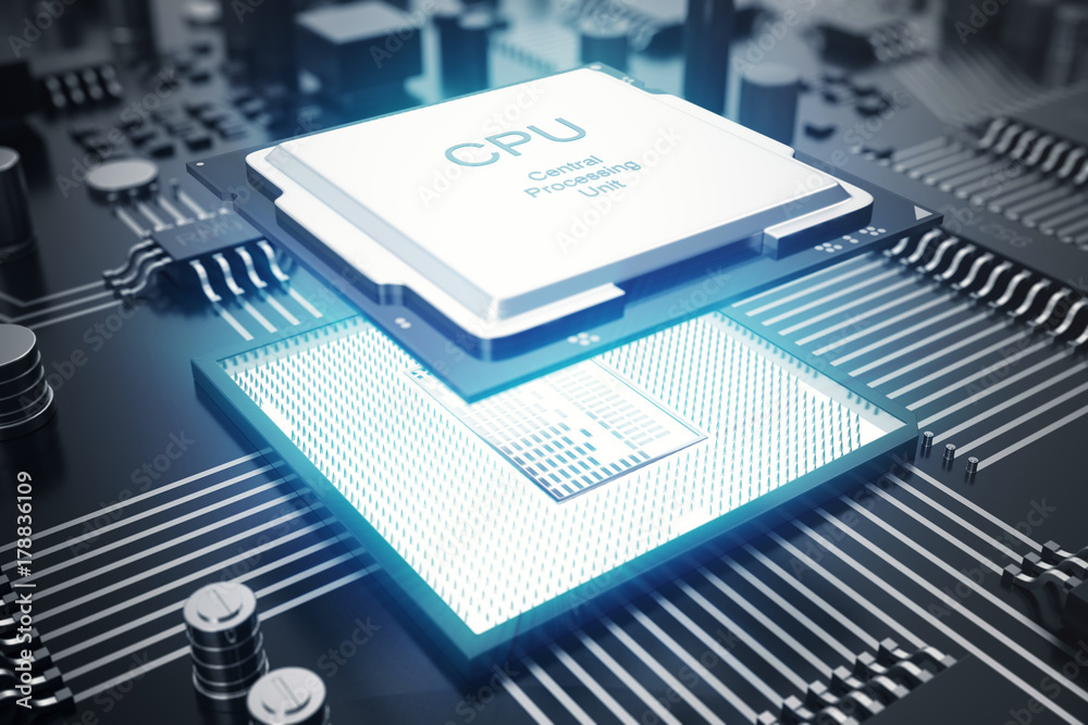 Poster 3d rendering circuit board. technology background. central computer processors cpu concept. motherbo