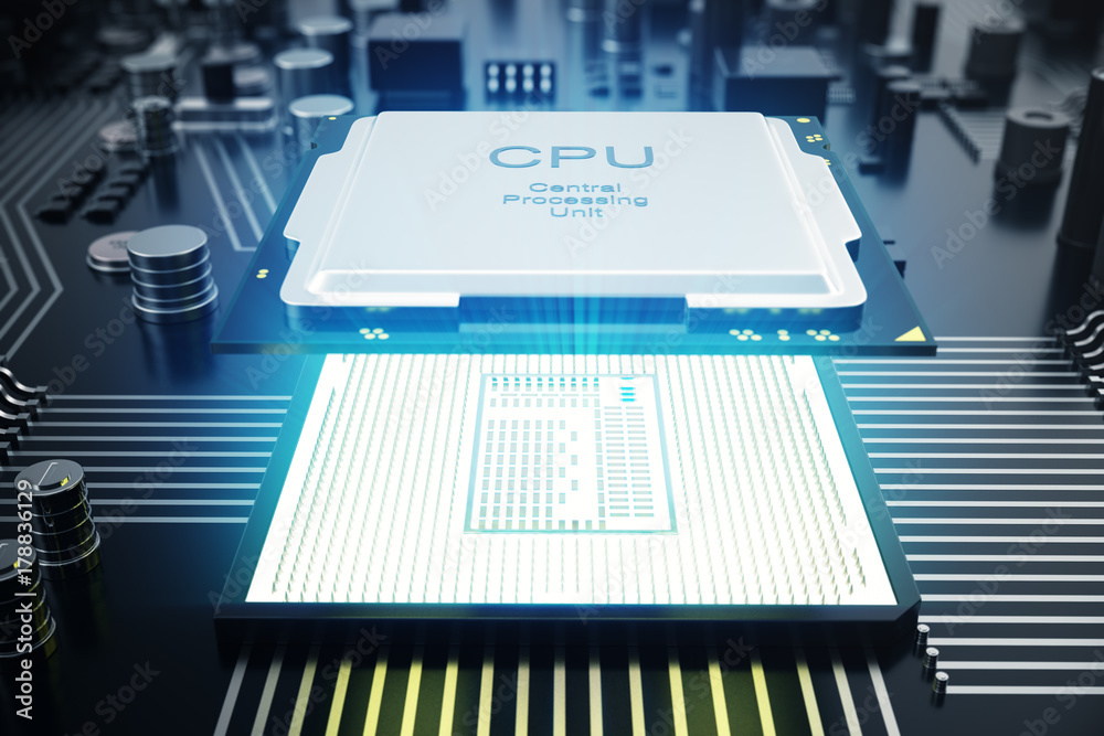 Poster 3d rendering circuit board. technology background. central computer processors cpu concept. motherbo