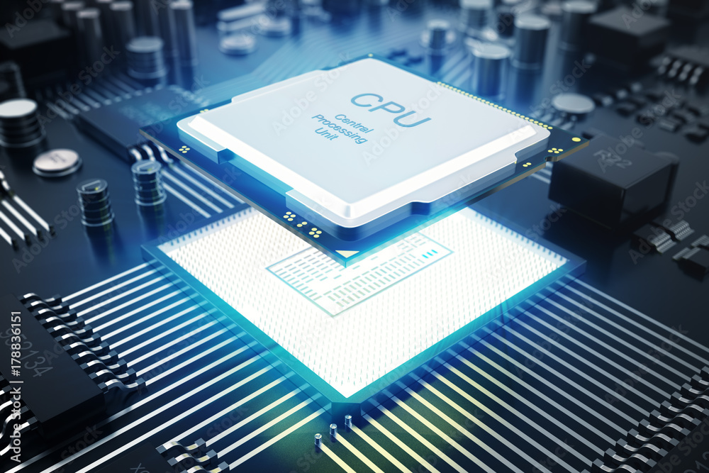 Poster 3d rendering circuit board. technology background. central computer processors cpu concept. motherbo
