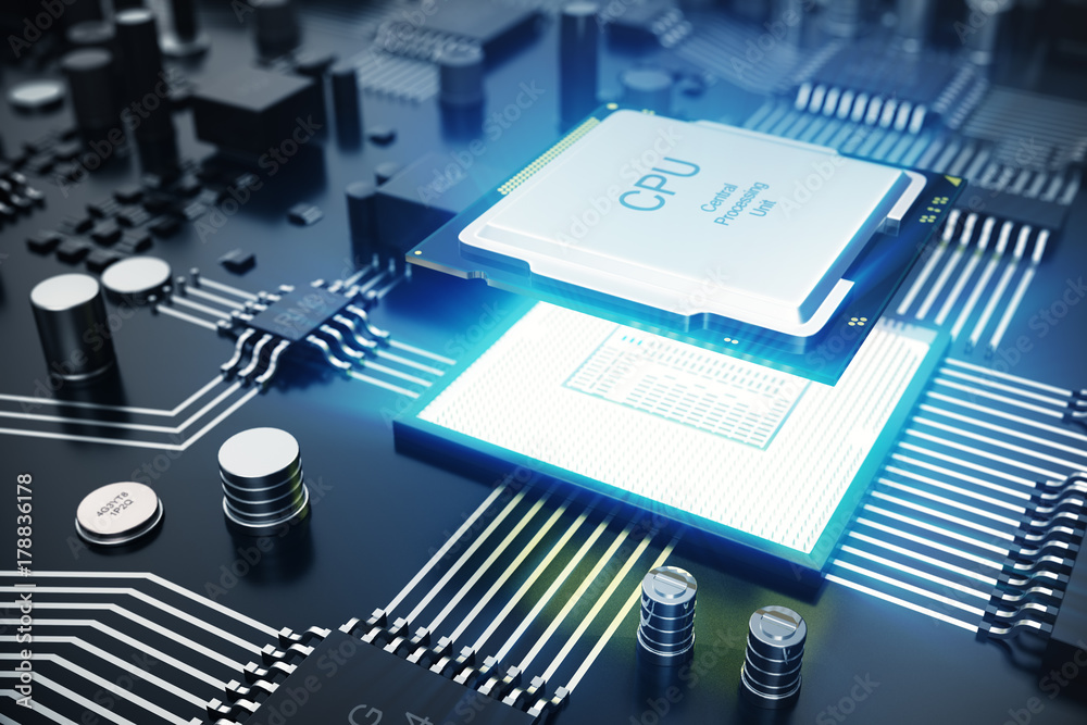 Poster 3d rendering central computer processors cpu concept. electronic engineer of computer technology. co