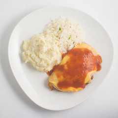 Chicken Fillet with rice and Mushed Potatoes. Parmegiana Fillet