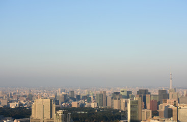 日本の東京都市風景「青空と眼下に広がる高層ビル群」（皇居、そして大手町や丸の内などのビジネス街を望む）