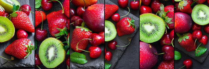 Collage with ripe juicy berries and fruits, banner format