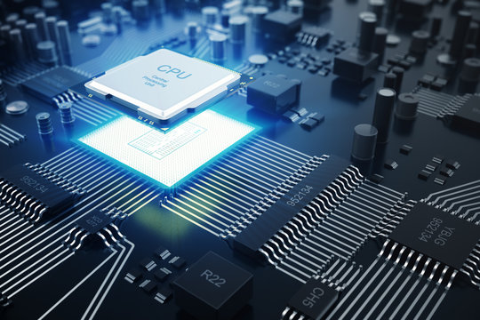 3D rendering Central Computer Processors CPU concept. Electronic engineer of computer technology. Computer board chip circuit cpu core. Hardware concept electronic device motherboard semiconductor