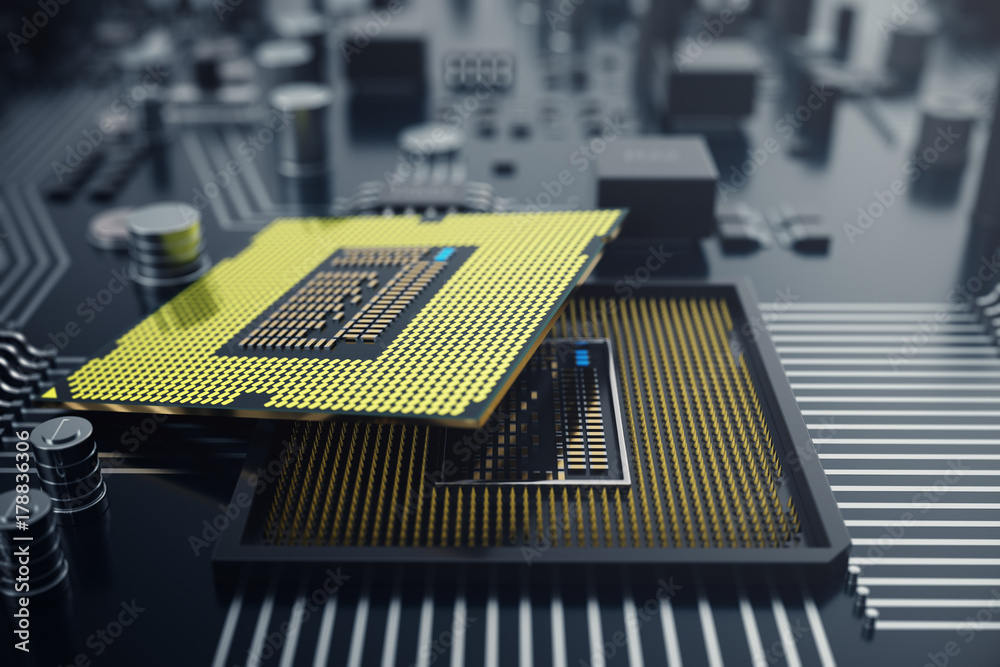 Poster 3d rendering central computer processors cpu concept. electronic engineer of computer technology. co