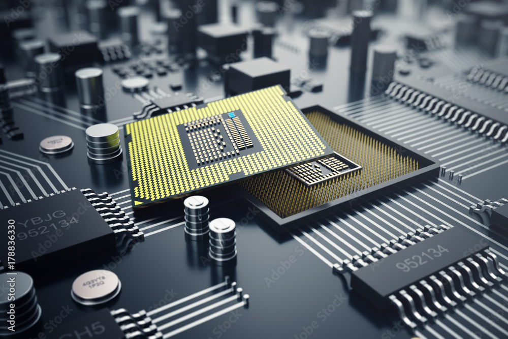 Poster 3d rendering central computer processors cpu concept. electronic engineer of computer technology. co