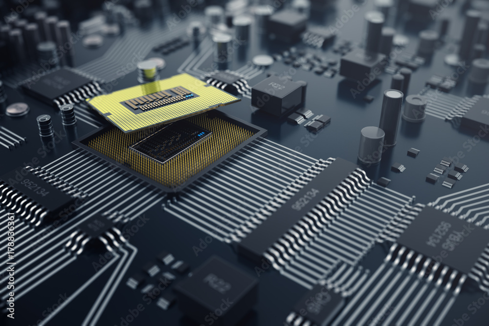 Poster 3d rendering central computer processors cpu concept. electronic engineer of computer technology. co
