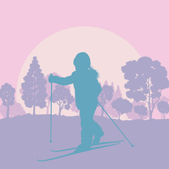 Skiing children in forest vector background landscape with sunset