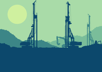 Hydraulic earth hole pile drilling machine, tractors digging at industrial construction site vector background
