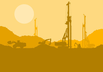 Hydraulic earth hole pile drilling machine, tractors digging at industrial construction site vector background