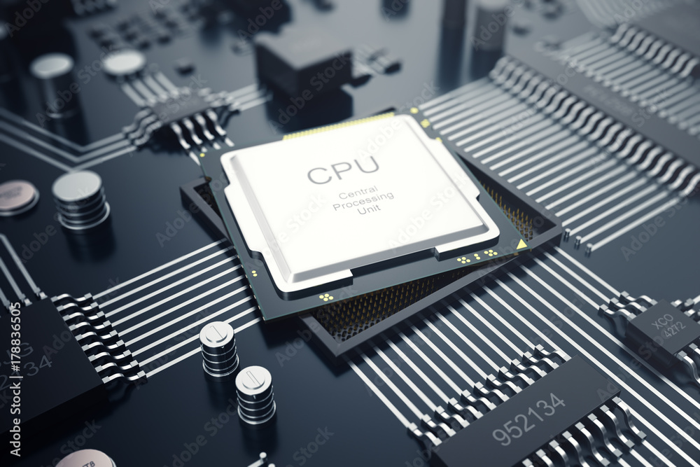 Poster 3d rendering central computer processors cpu concept. electronic engineer of computer technology. co