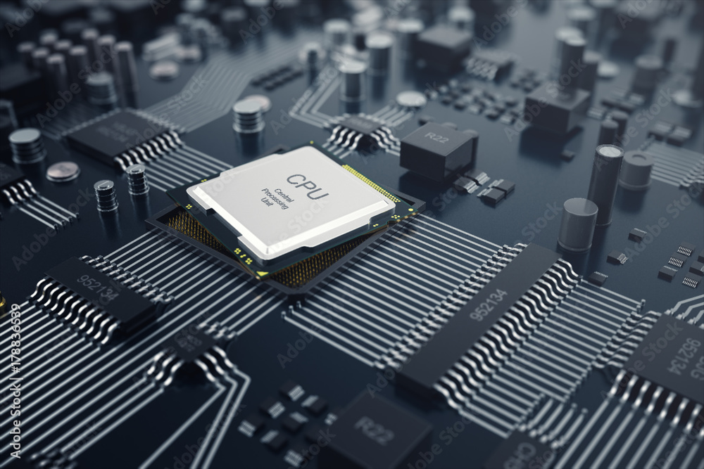 Poster 3d rendering central computer processors cpu concept. electronic engineer of computer technology. co