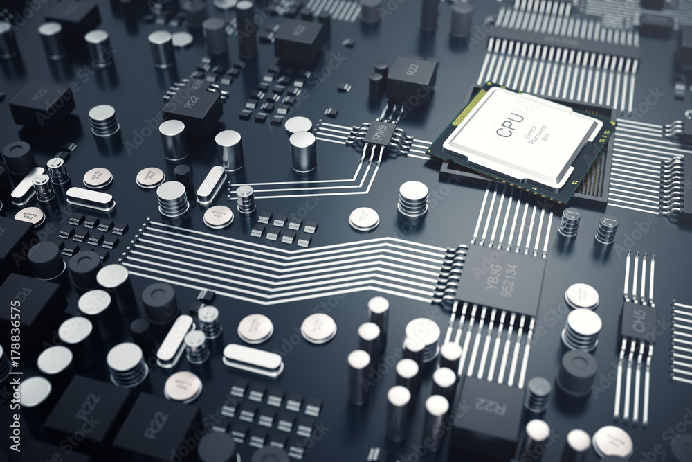 Poster 3d rendering central computer processors cpu concept. electronic engineer of computer technology. co