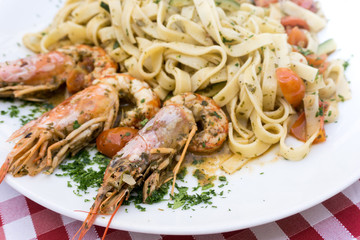 Pasta with Shrimp Dinner Dish on a the table