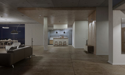 3D rendering Kitchen with wooden bar stools