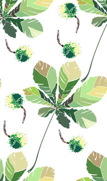 Beautiful wonderful graphic bright floral herbal autumn green chestnut leaves and chestnuts pattern vector illustration. Perfect for textile, wallpapers, wrapping paper, greeting cards