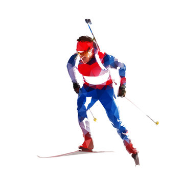 Biathlon race, skier in blue and red jersey, abstract geometric illustration