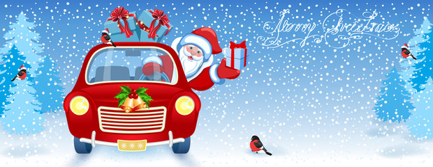 Christmas card with Santa Claus in red car with gift box against winter forest background