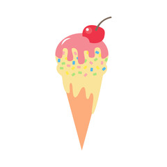 Ice cream cone with chocolate icing and cherry on top vector illustration