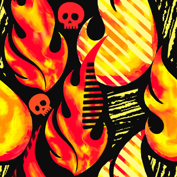 Fire flame seamless pattern.Textile ink brush strokes