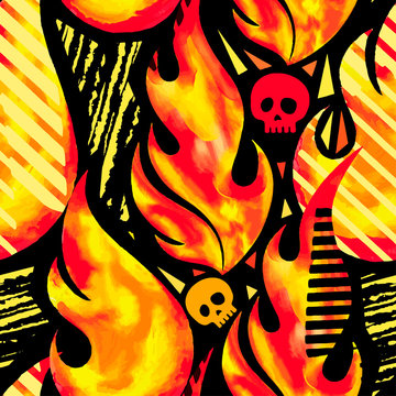 Fire flame seamless pattern.Textile ink brush strokes