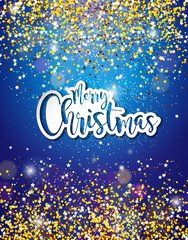 Merry Christmas Hand Lettering Illustration with Paper Label on Shiny Glittered Background. Vector EPS 10 Holiday Design.