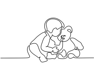 Continuous line drawing. Little boy sitting with teddy bear on the white background. Vector illustration