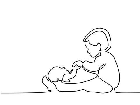 Continuous Line Drawing. Happy Toddler Girl Playing With Her Newborn Baby Brother. Vector Illustration