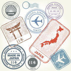 Travel stamps set Japan and Tokyo theme (with inscription Japan on Japanese  language)