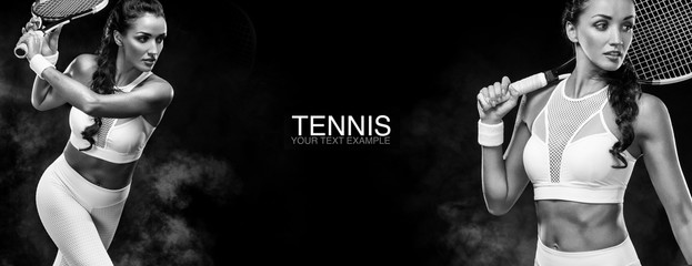 Fototapeta na wymiar Sport concept. Sports woman tennis player with a racket. Copy space. Black and white photo. Tennis poster.