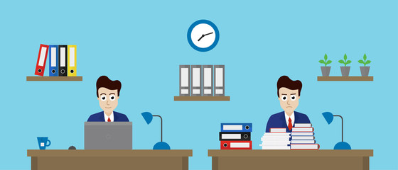 Vector illustration of two office workers in one office with different work - flat