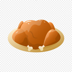 Turkey Isolated on Light Transparent Background. Baked Turkey on Plate. Vector Illustration.