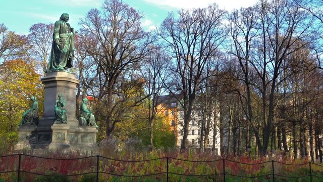 Monument of botanist Carl Linnaeus in park Humlegarden in central Stockholm, Sweden 