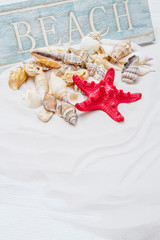 Fototapeta na wymiar Summer background with white sand, starfish and shells