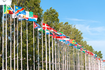 Fototapeta na wymiar Flags in park of nations in Lisbon.